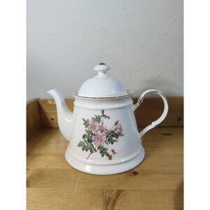Meritage Spring Floral Porcelain Teapot Ivory Pink Green Tea stains Inside